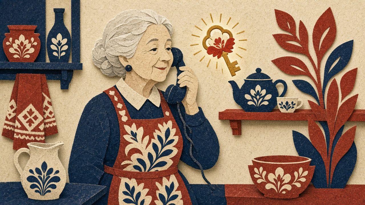 Wycinankowa ilustracja: babcia w fartuchu w ludowe wzory rozmawia przez telefon, obok niej świeci złoty klucz