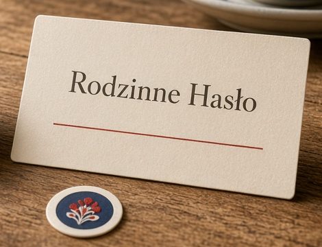 Kremowa karta Rodzinne Hasło i mała naklejka z wycinanką